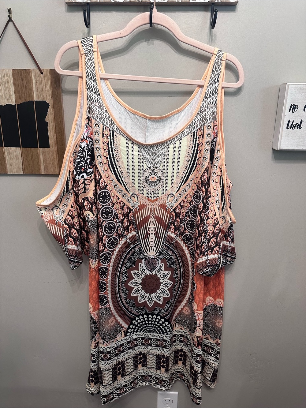 Boho Peach Print Cold-Shoulder Tank Dress